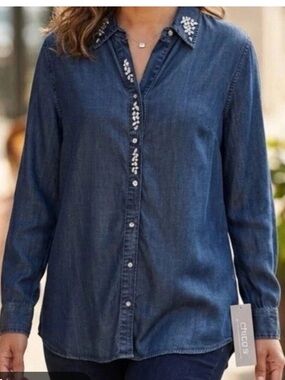 Chico's Embellished Denim Shirt - Blue